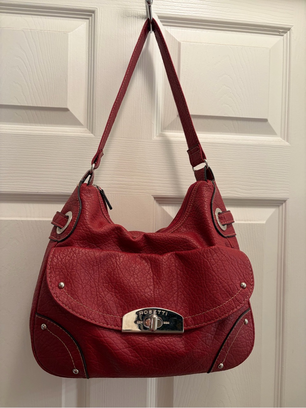 Rosetti Red Faux Leather Shoulder Bag Silver Turn Lock Hobo Purse